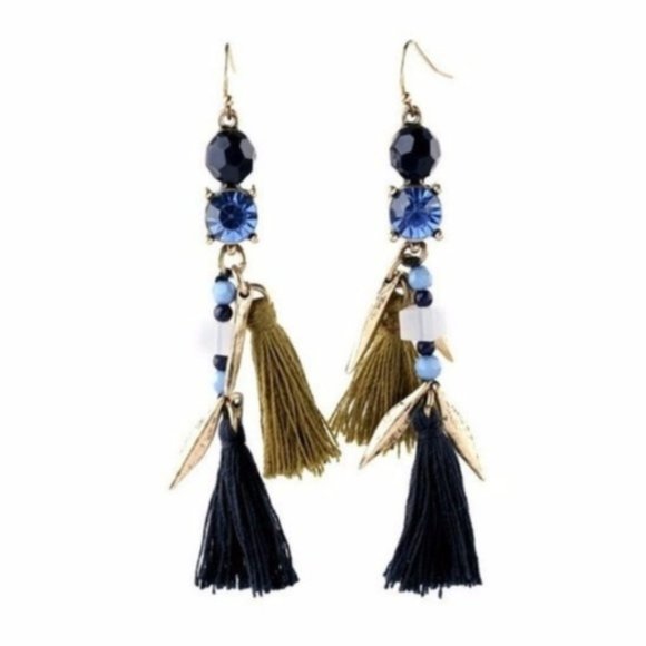 NEW Boutique Earrings Tassel Statement Drop Dangle Fringe Navy Gold Boho Gift - Picture 2 of 4